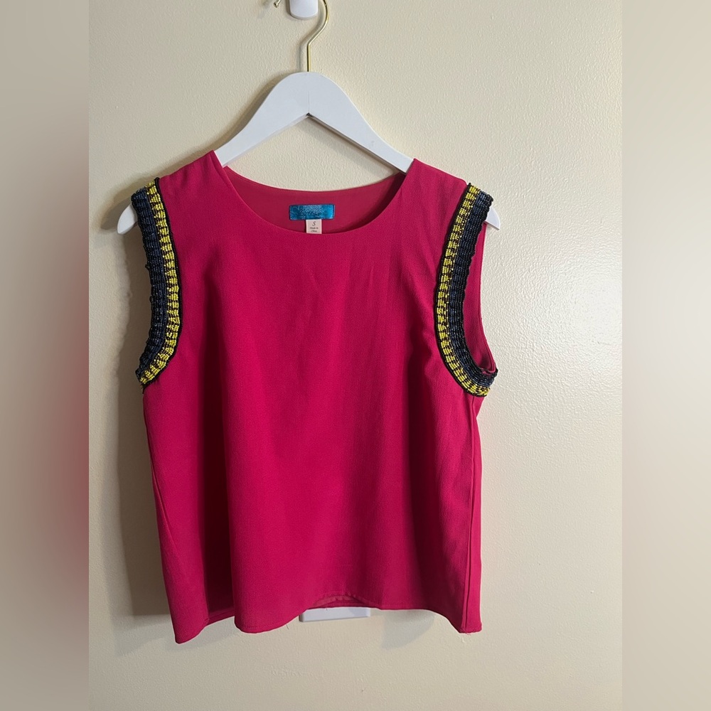 Buttons Beaded Hot Pink Sleeveless Blouse